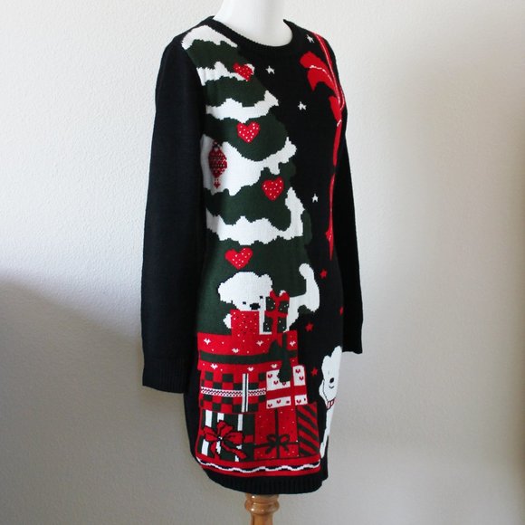 Womens Ugly Xmas Christmas Tree w/ Polar Bears Holiday Sweater Tunic Dress Small - Picture 3 of 7